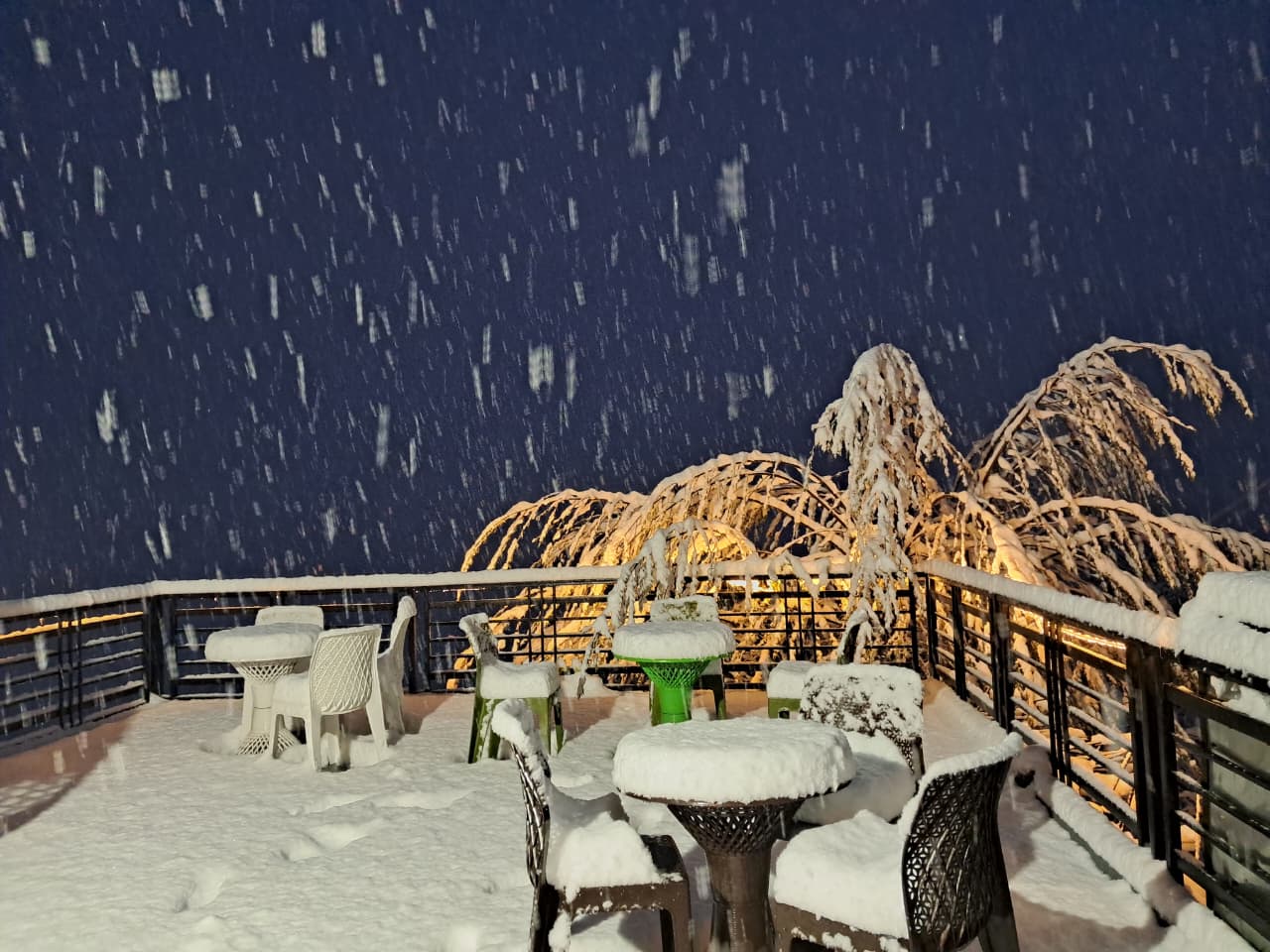 Snow-covered terrace at the resort